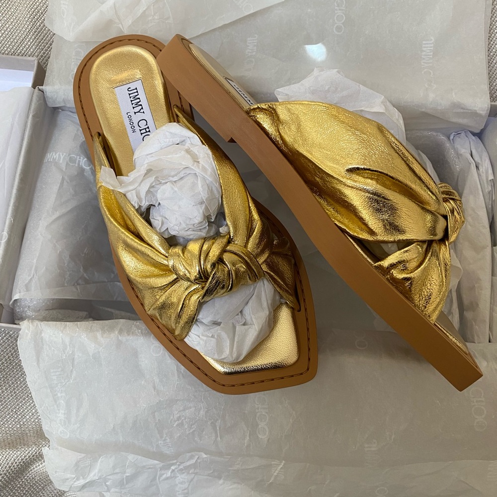 Jimmy Choo Gold Knotted Leather Slide Sandals